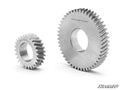 Two metallic spur gears from the Can-Am Defender Transmission Gear Reduction Kit are shown on a white background. Both feature a central hole and evenly spaced teeth. The larger is GRK-CA-DEF-010-DPG, and the smaller is GRK-CA-DEF-010-PG. SuperATV logo ap