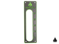 The Assault Industries Striker Shifter Gate Panel Kit for Wildcat XX/XTR1000 is a rectangular metallic gear shift plate with green accents, an elongated vertical cutout, P R N D L labels on the right, and Assault with a flame logo engraved at the top.