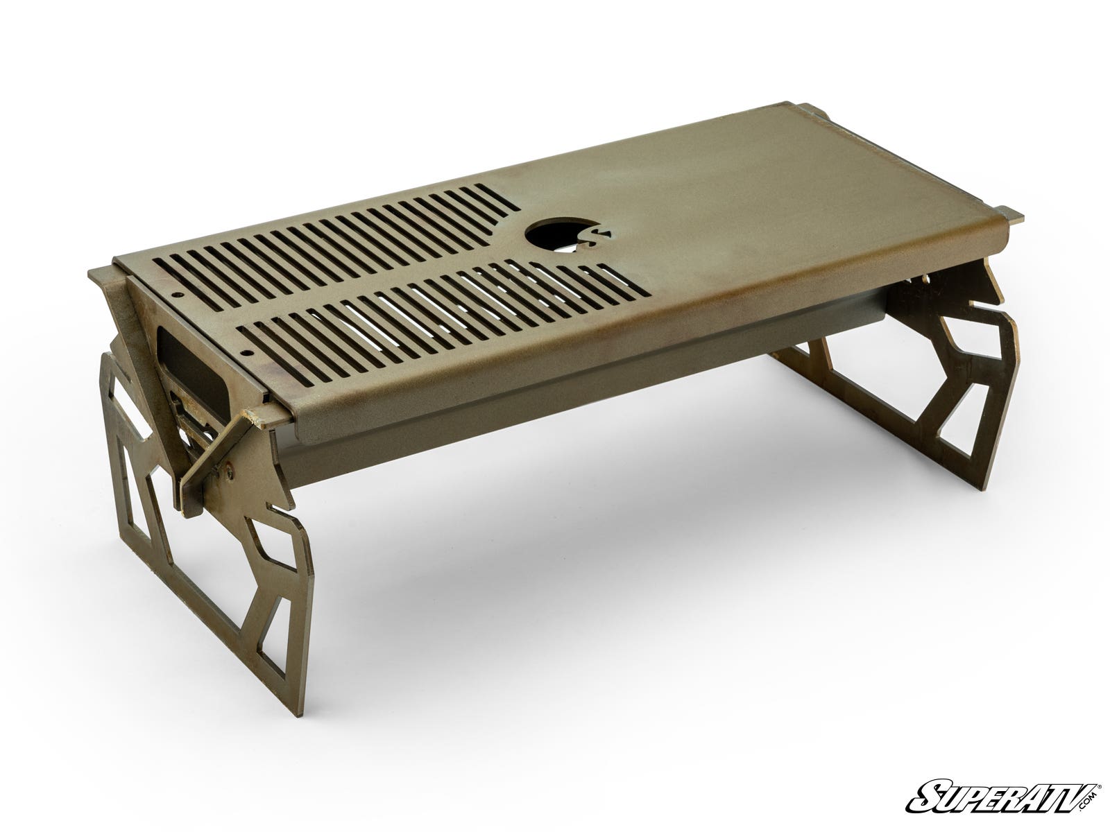 The Collapsible Fire Pit and Grill is a tan, rectangular metal stove with foldable geometric legs, a vented slotted lid featuring a central circular cutout, and the SuperATV logo in the bottom right corner. It’s shown on a white background.