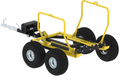 The ATV/UTV Silo & Hay Bale Trailer is a yellow metal cart with four large black rubber tires, a black winch, curved support bars for loads, and a front towing hitch for easy attachment to a vehicle or ATV.