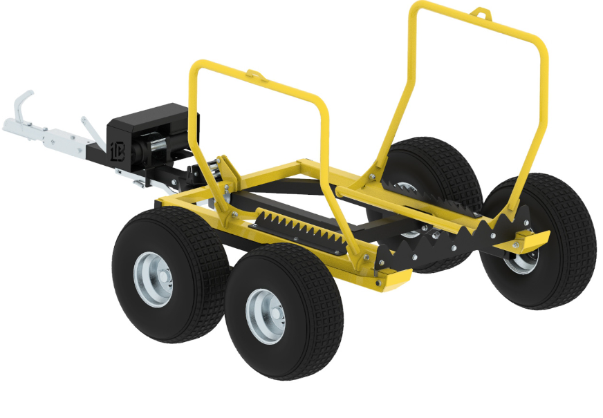 The ATV/UTV Silo & Hay Bale Trailer is a yellow metal cart with four large black rubber tires, a black winch, curved support bars for loads, and a front towing hitch for easy attachment to a vehicle or ATV.