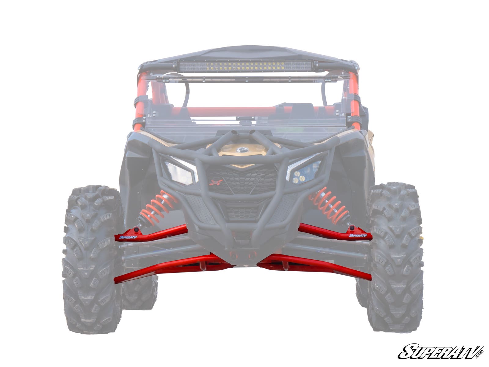 Front view of an off-road vehicle with most body faded out, highlighting bright red Can-Am Maverick X3 High-Clearance A-Arms and shocks labeled SuperATV. Deep-tread tires visible; SuperATV logo in bottom right corner.
