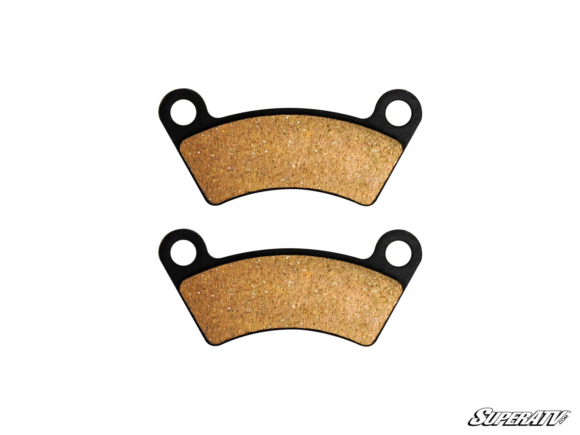 Two curved, tan Honda ATV Rear Disc Brake Pads for SuperATV Rear Disc Brake Kits with black edges and round mounting holes at each end, arranged horizontally on a white background. The SuperATV logo appears in the bottom right corner.