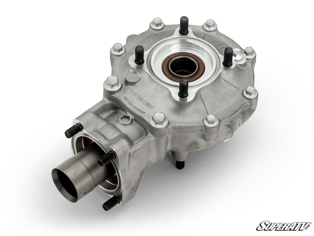 The image shows an Up & Running Honda Foreman 500 Rear Differential with a cylindrical output shaft, black bolts around the edge, and a visible circular bearing on top. The background is white with the SuperATV logo in the bottom right corner.