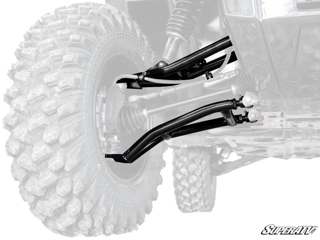 A close-up of the Honda Pioneer 1000 High Clearance Forward 1.5 Offset A-Arms shows rugged black metal components and large, knobby tires; the highlighted suspension stands out as the rest of the vehicle fades. The SuperATV logo appears in the bottom righ