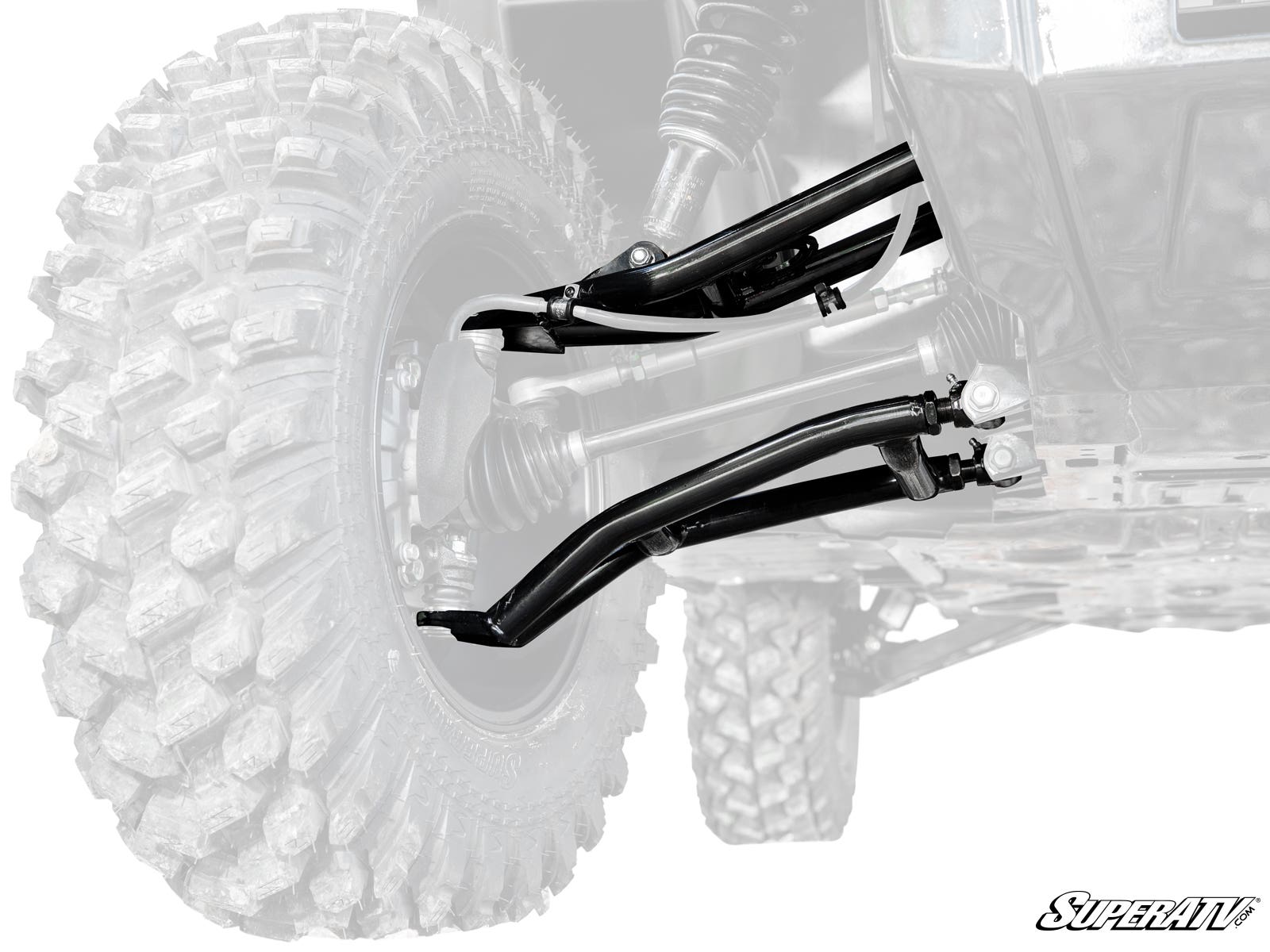 A close-up of the Honda Pioneer 1000 High Clearance Forward 1.5 Offset A-Arms shows rugged black metal components and large, knobby tires; the highlighted suspension stands out as the rest of the vehicle fades. The SuperATV logo appears in the bottom righ