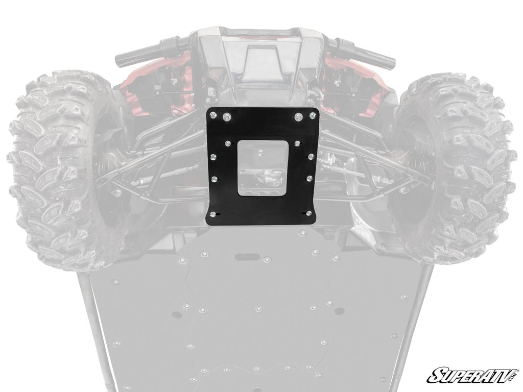 A black Honda Pioneer 1000-6 Frame Stiffener is bolted to the underside frame of an off-road vehicle shown in faded gray. The SuperATV logo appears in the bottom right. The stiffener is centered and clearly visible.