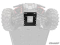 A black Honda Pioneer 1000-6 Frame Stiffener is bolted to the underside frame of an off-road vehicle shown in faded gray. The SuperATV logo appears in the bottom right. The stiffener is centered and clearly visible.