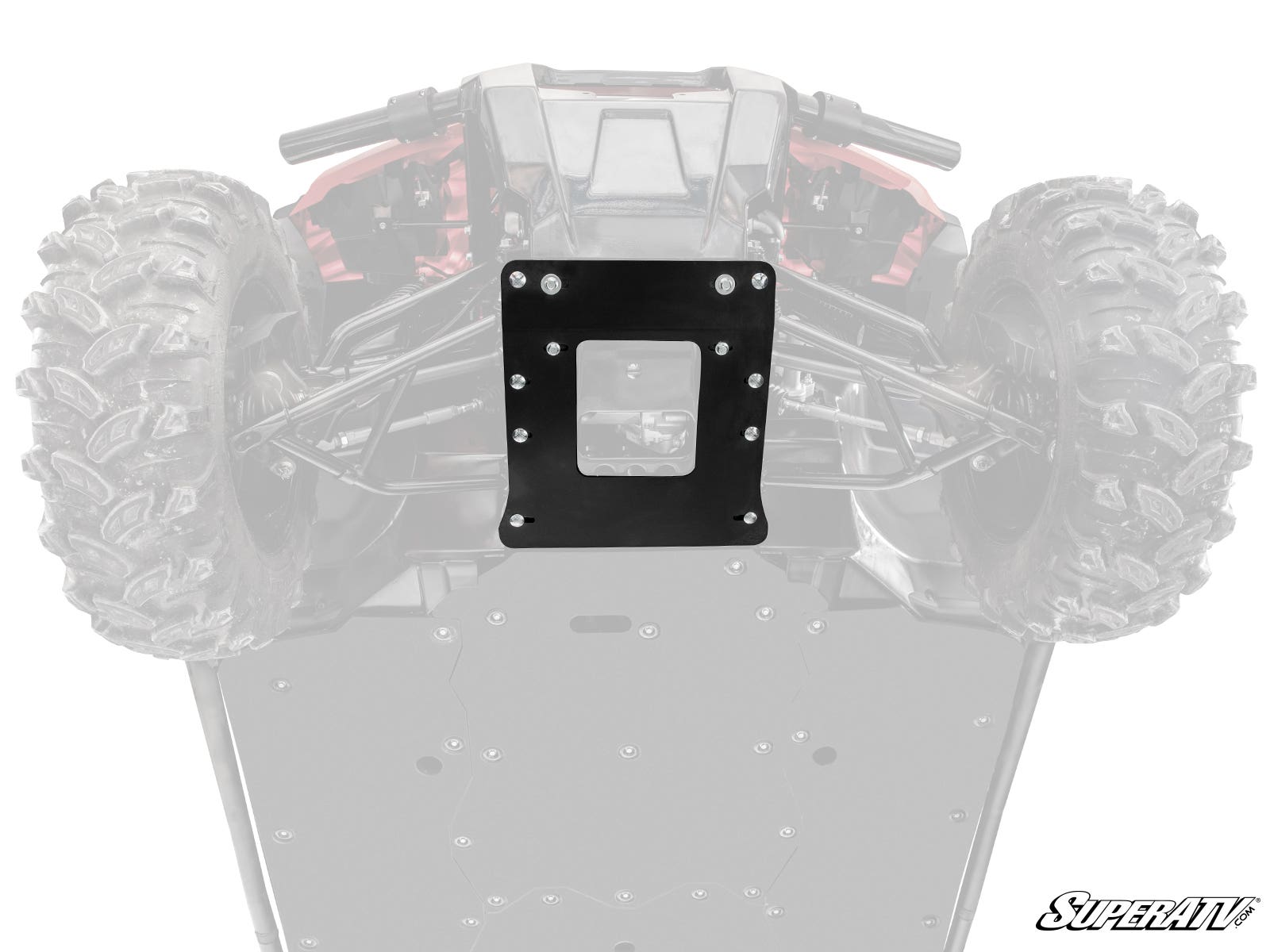 A black Honda Pioneer 1000-6 Frame Stiffener is bolted to the underside frame of an off-road vehicle shown in faded gray. The SuperATV logo appears in the bottom right. The stiffener is centered and clearly visible.