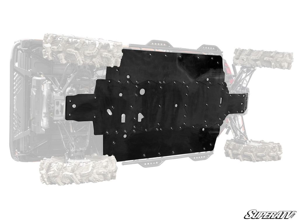 A top-down view shows a black Honda Pioneer 1000-6 Full Skid Plate attached to the underside of an off-road vehicle. The vehicle is faded out, emphasizing the skid plate’s cutouts and contours. SuperATV’s logo appears in the bottom right corner.