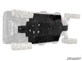 A top-down view shows a black Honda Pioneer 1000-6 Full Skid Plate attached to the underside of an off-road vehicle. The vehicle is faded out, emphasizing the skid plate’s cutouts and contours. SuperATV’s logo appears in the bottom right corner.