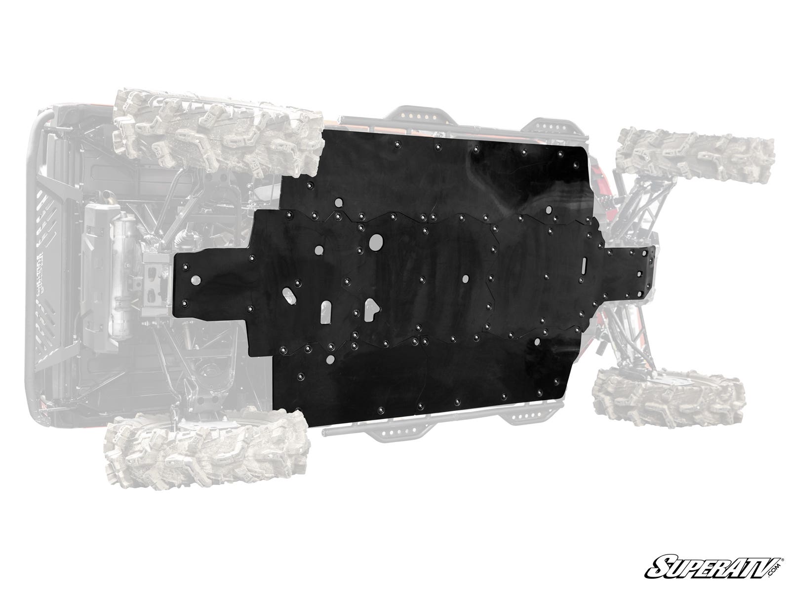 A top-down view shows a black Honda Pioneer 1000-6 Full Skid Plate attached to the underside of an off-road vehicle. The vehicle is faded out, emphasizing the skid plate’s cutouts and contours. SuperATV’s logo appears in the bottom right corner.