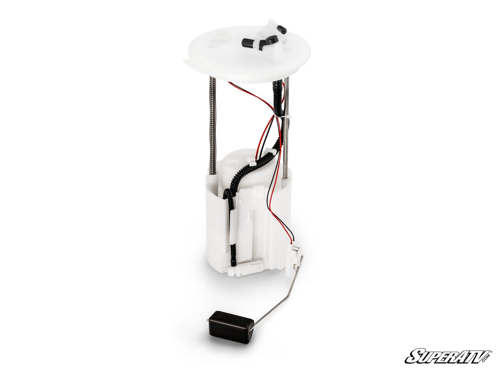 The Up & Running Honda Pioneer Fuel Pump is a white plastic automotive assembly with attached wires, thin metal rods, and a black float at the bottom, shown upright on a white background with the SuperATV logo in the lower right corner.