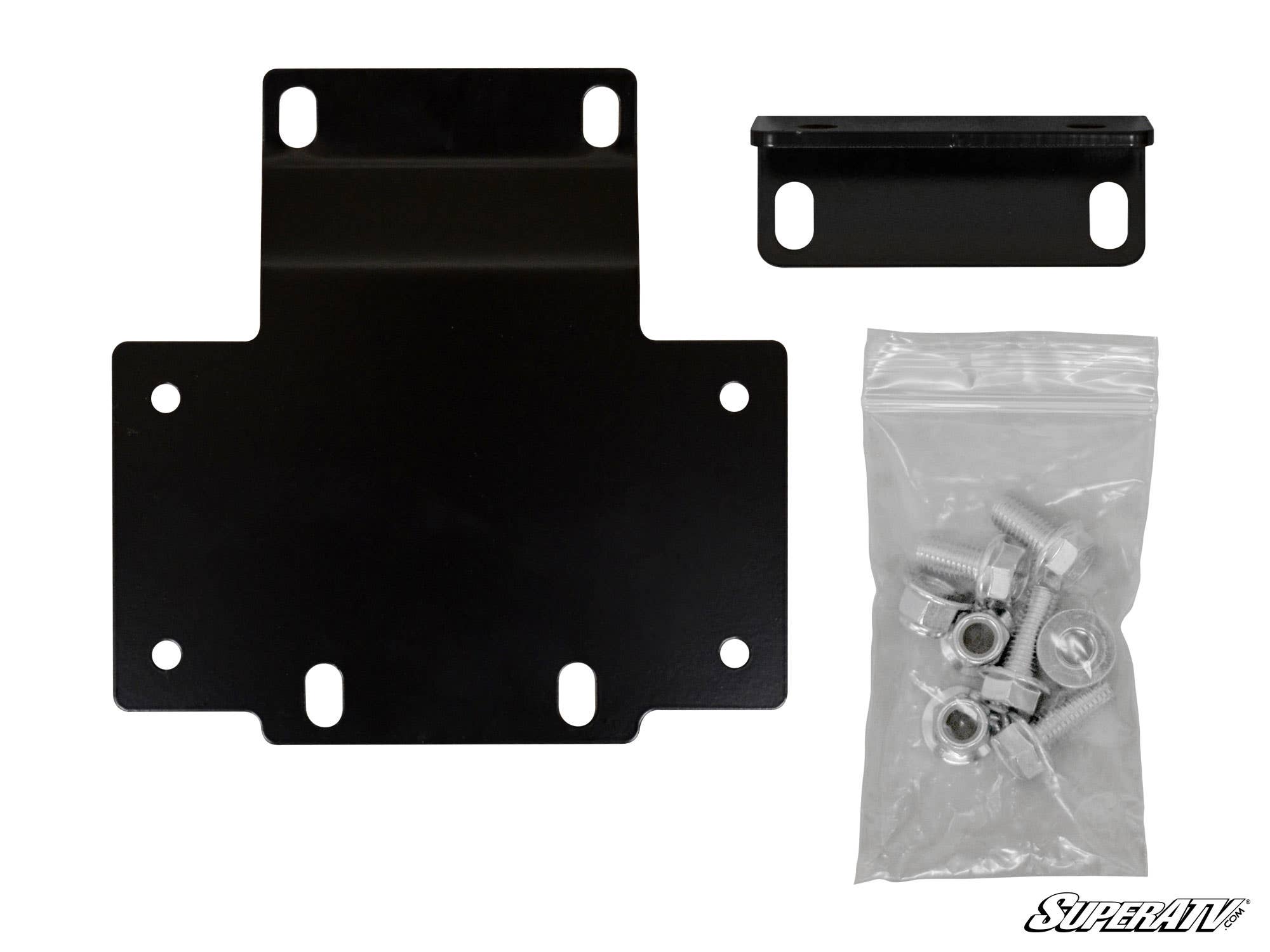 The Honda Pioneer 1000 Winch Mounting Plate kit, featuring a black metal plate with six holes, a smaller two-hole bracket, and a sealed bag of silver bolts and nuts, is displayed on a white background with the SuperATV logo in the bottom right corner.