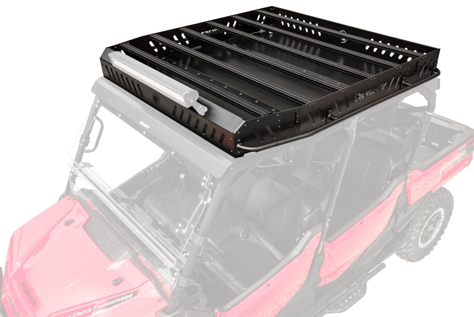 The Honda Pioneer 1000-6 Outfitter Roof Rack, featuring black metal construction with slotted rails, side walls, and a front light bar, is shown mounted atop a red off-road utility vehicle with a semi-transparent body to highlight the rack.