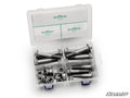The Up & Running Honda Talon 1000 Suspension Bolt Kit features metal bolts and nuts in a plastic organizer box with compartments. An open lid displays green labels listing bolt sizes and quantities, and the SuperATV logo appears at the bottom right.