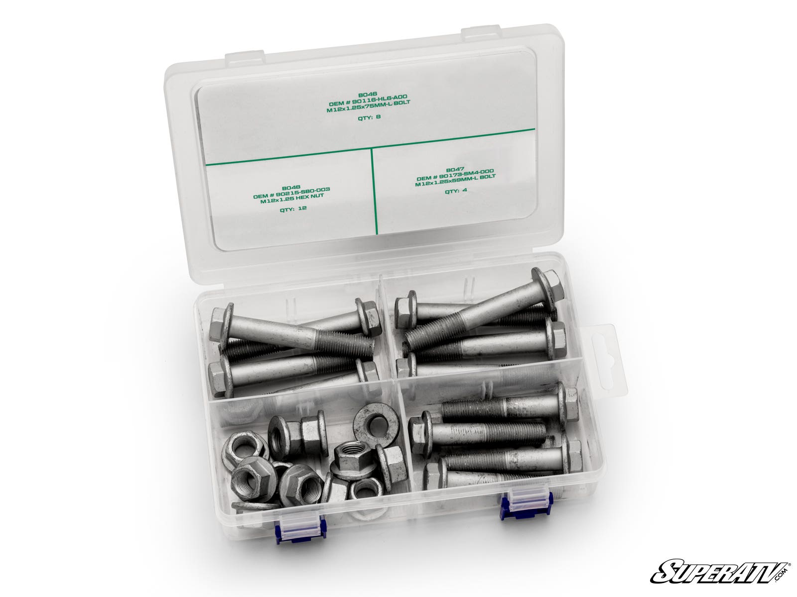 The Up & Running Honda Talon 1000 Suspension Bolt Kit features metal bolts and nuts in a plastic organizer box with compartments. An open lid displays green labels listing bolt sizes and quantities, and the SuperATV logo appears at the bottom right.