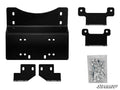 The Honda Pioneer 700 Winch Mounting Plate kit includes six black metal bracket pieces in assorted shapes and sizes, plus a clear plastic bag of screws and hardware, all displayed on a white background. The SuperATV logo is in the bottom right corner.