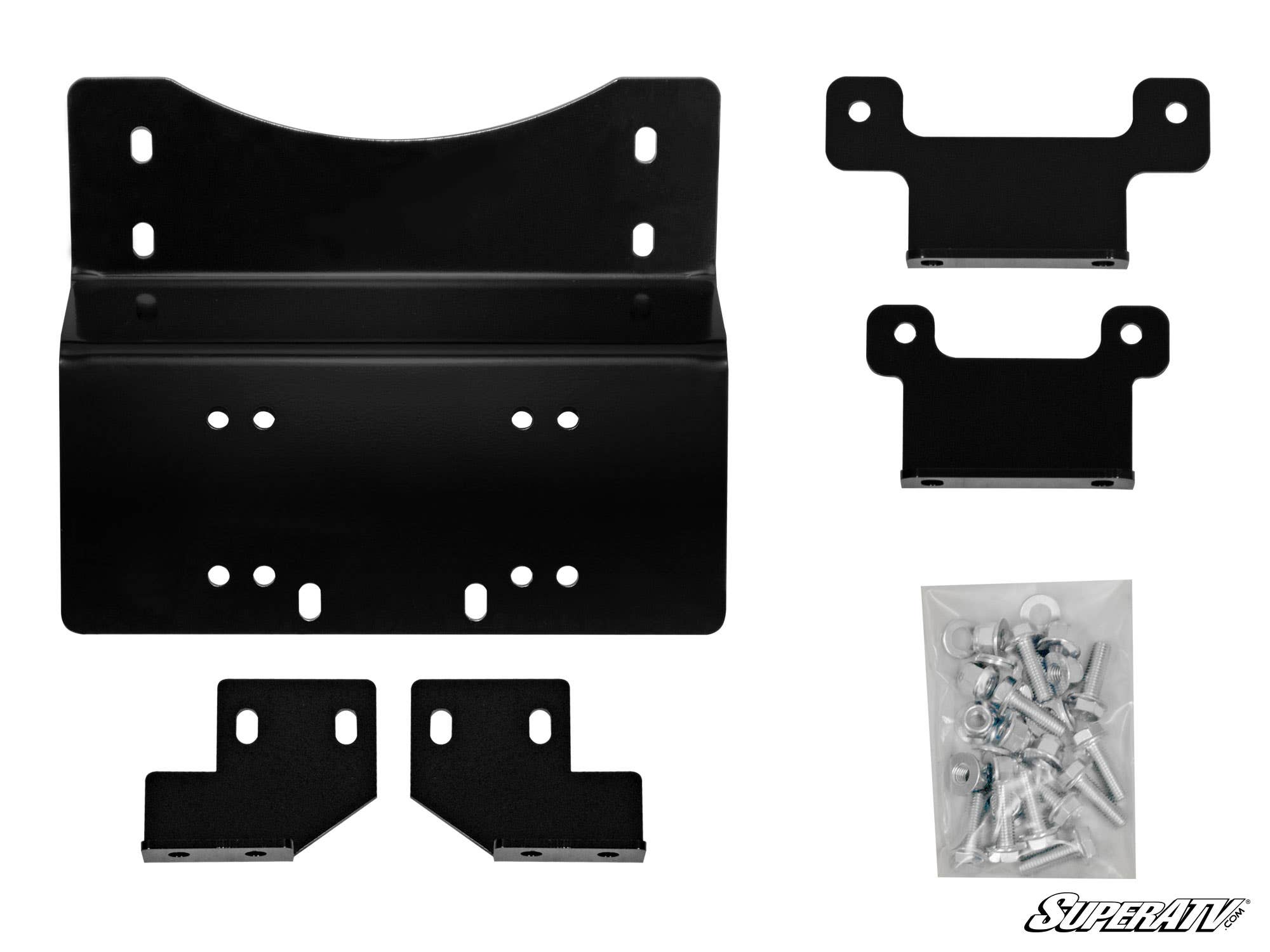 The Honda Pioneer 700 Winch Mounting Plate kit includes six black metal bracket pieces in assorted shapes and sizes, plus a clear plastic bag of screws and hardware, all displayed on a white background. The SuperATV logo is in the bottom right corner.