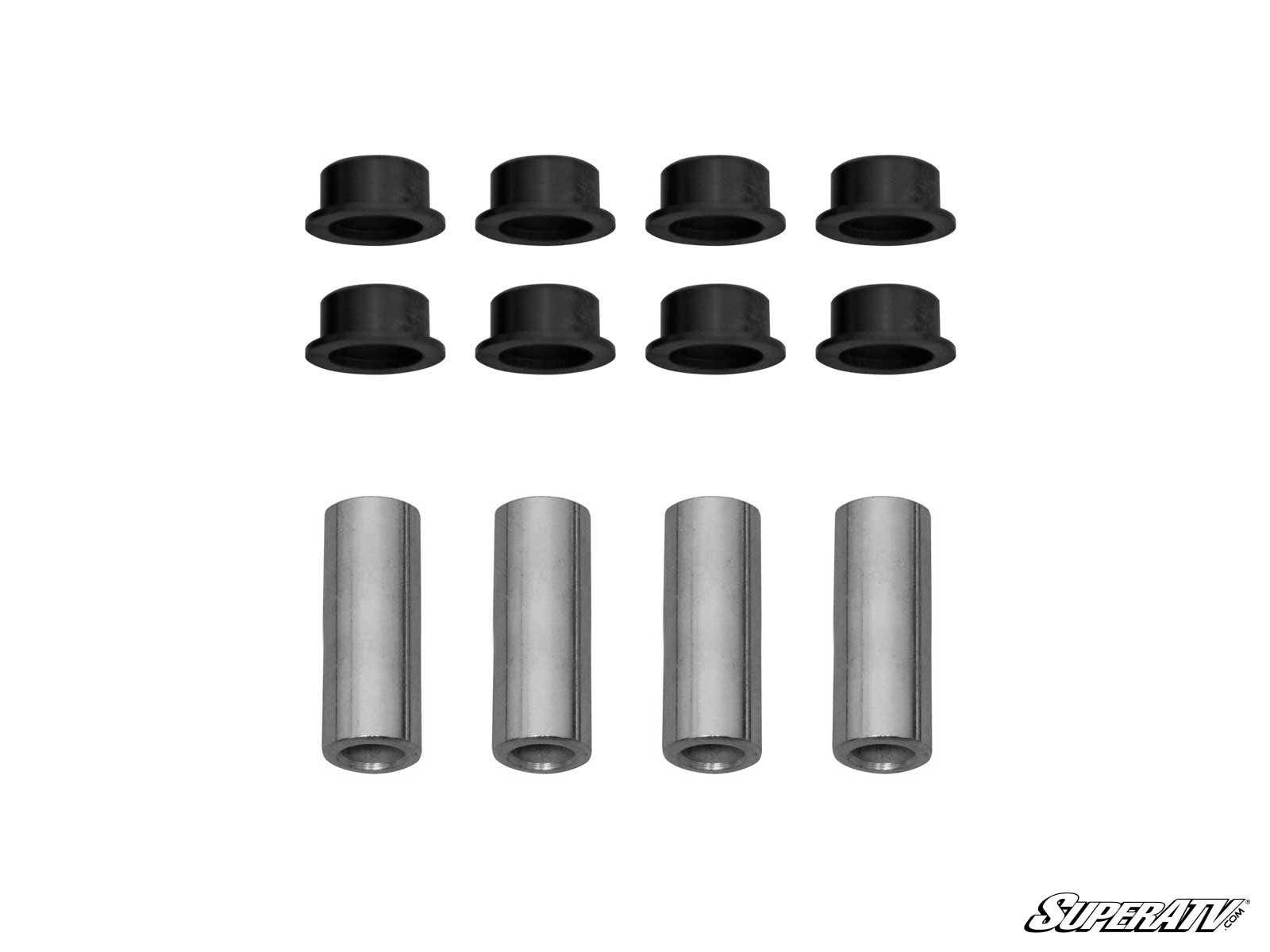 Eight black cylindrical bushings and four silver metal sleeves for Honda Pioneer 500 / 700 UHMW A-Arm Front Lower Bushings are arranged on a white background, with the SuperATV logo in the bottom right corner.