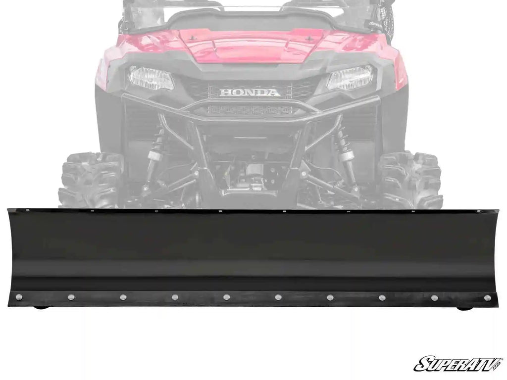 A Honda Pioneer 1000 Plow Pro Snow Plow with a black blade and metal bolts is mounted on a red Honda off-road vehicle. The SuperATV logo appears in the lower right corner.