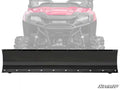 A Honda Pioneer 1000 Plow Pro Snow Plow with a black blade and metal bolts is mounted on a red Honda off-road vehicle. The SuperATV logo appears in the lower right corner.