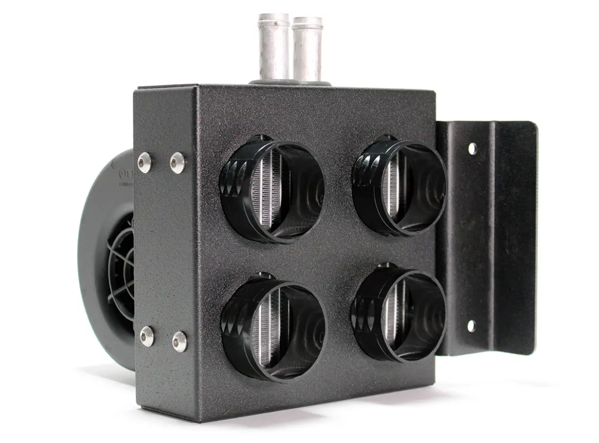 The Inferno Cab Heater Kit With Defrost for 2019-Current Honda Talon is a black metal unit with four round front air vents featuring grille slats, a right-side mounting bracket, top cylindrical pipes, and an exposed fan on the left.