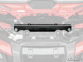 A black metal Honda Talon 1000 Front-End Brace Kit is shown centered against a faded off-road vehicle engine bay background. The bracket features two bolts on each end, and the SuperATV logo is visible in the bottom right corner.