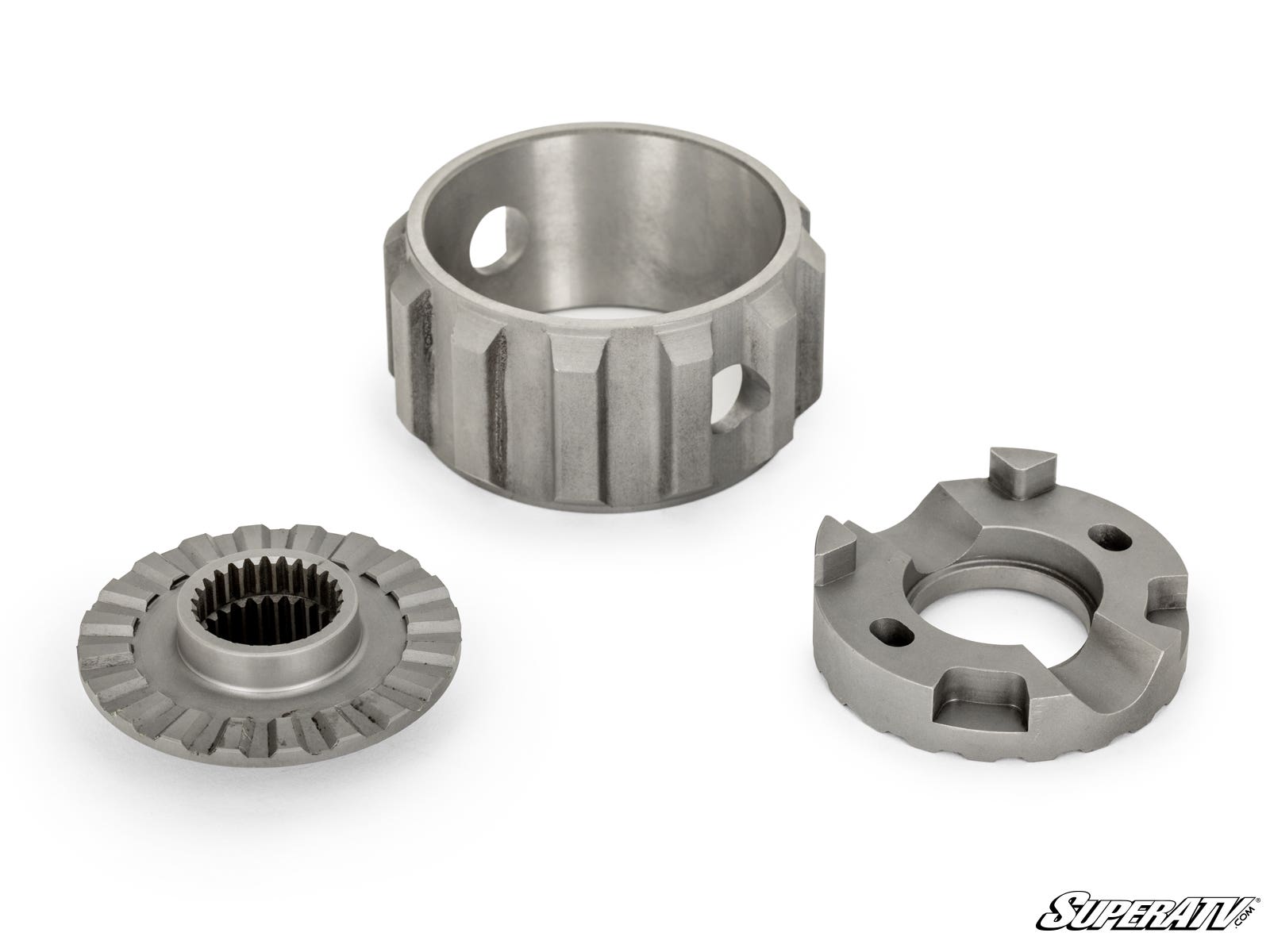Three metal components of the Honda Talon 1000 Differential Locker are shown on a white background, including a splined gear, grooved cylindrical ring, and notched circular piece. The “SuperATV” logo appears in the bottom right corner.