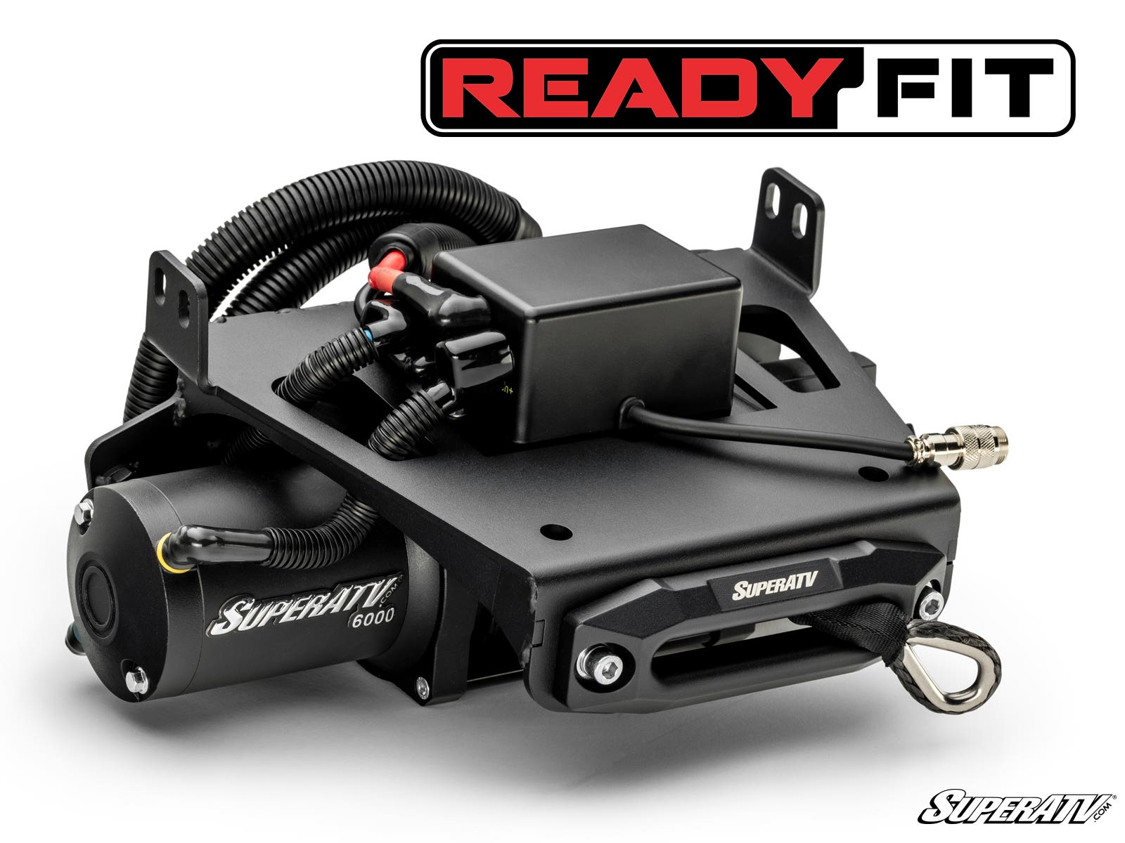 A Honda Talon 1000 Ready-Fit Winch kit with a black metal housing, cables, and hook is displayed on a white background. The SuperATV and READY FIT logos are visible. Electrical wires are neatly arranged in its rugged design.