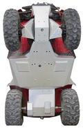 The Skid plate full set (aluminium) for Honda TRX 420 FE/FM (-2013) is shown upside down, highlighting its bolted protective plates and panels designed for durability on tough, all-terrain surfaces.