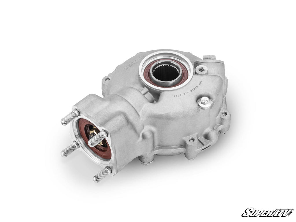 The Up & Running Honda Fourtrax 300 Rear Differential features a metallic pinion cover with bolts, an exposed bearing, and a reddish-brown seal. The mostly silver part is branded SuperATV in the lower right corner of the image.