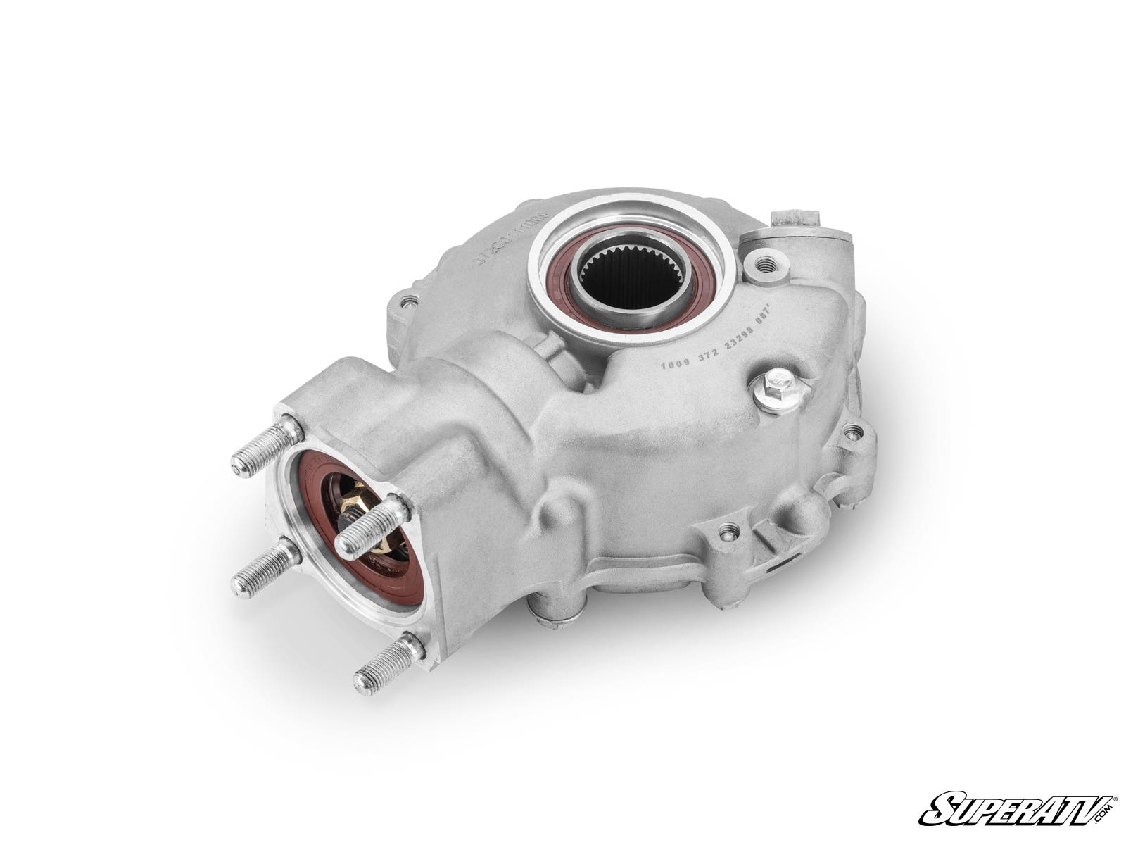 The Up & Running Honda Fourtrax 300 Rear Differential features a metallic pinion cover with bolts, an exposed bearing, and a reddish-brown seal. The mostly silver part is branded SuperATV in the lower right corner of the image.