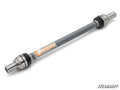 A Honda Pioneer 1000 Heavy-Duty Front Prop Shaft by Rhino Driveline, featuring a metal shaft with protective boots on both ends, gray center, visible branding, and displayed on a white background with the SuperATV logo bottom right.