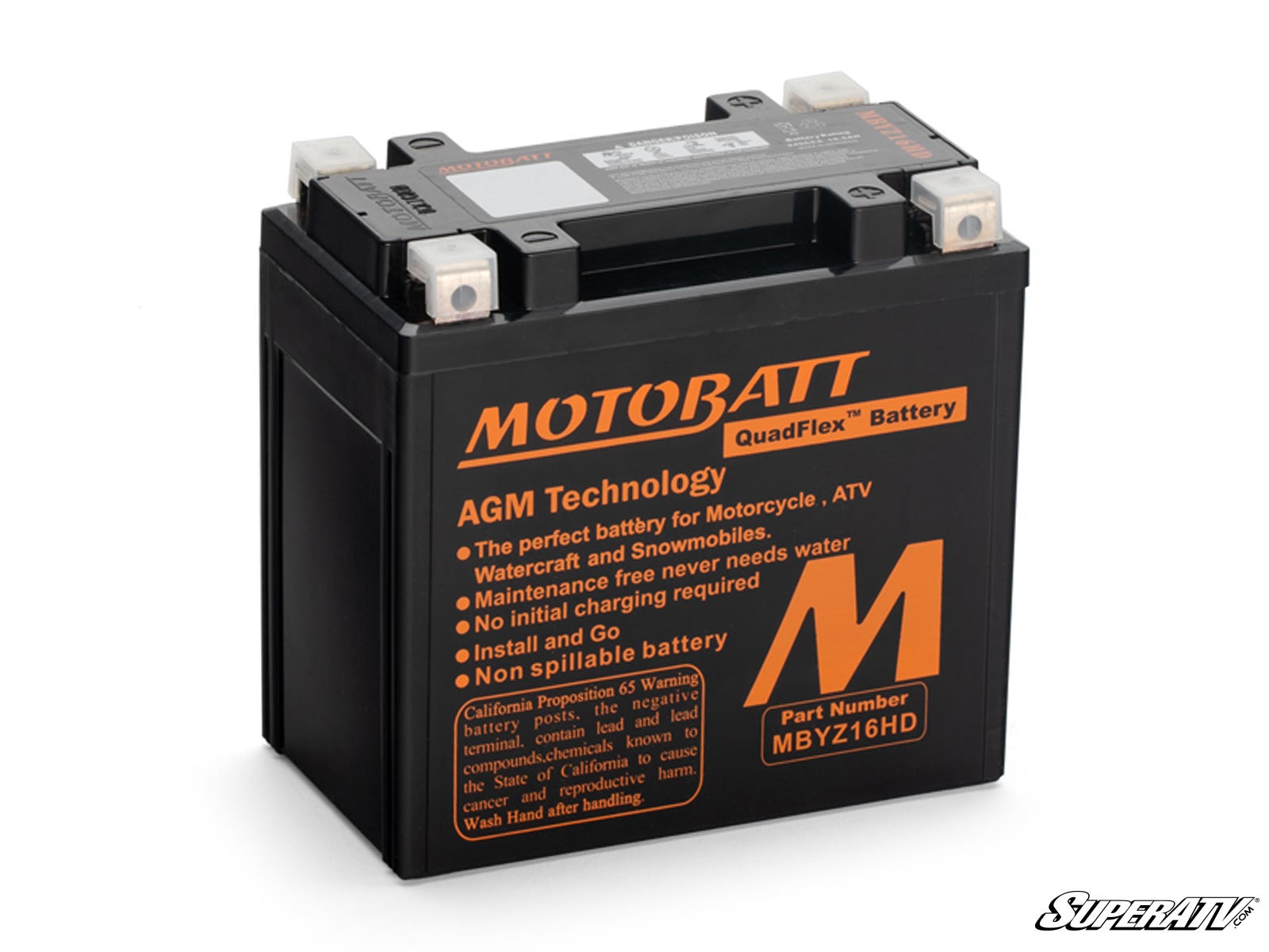 A black Honda ATV Motobatt Battery Replacement with orange text stands on a white background. It features top terminals, front technical details and warnings, model number MBYZ16HD, and the SuperATV logo in the lower-right corner.