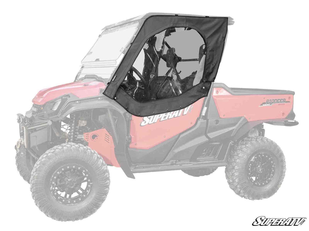 A black Honda Pioneer 1000 Primal Soft Cab Enclosure Upper Door with a clear window is installed on the drivers side of a red SuperATV utility vehicle, while the rest of the vehicle is faded to highlight the doors design and placement.