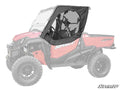 A black Honda Pioneer 1000 Primal Soft Cab Enclosure Upper Door with a clear window is installed on the drivers side of a red SuperATV utility vehicle, while the rest of the vehicle is faded to highlight the doors design and placement.