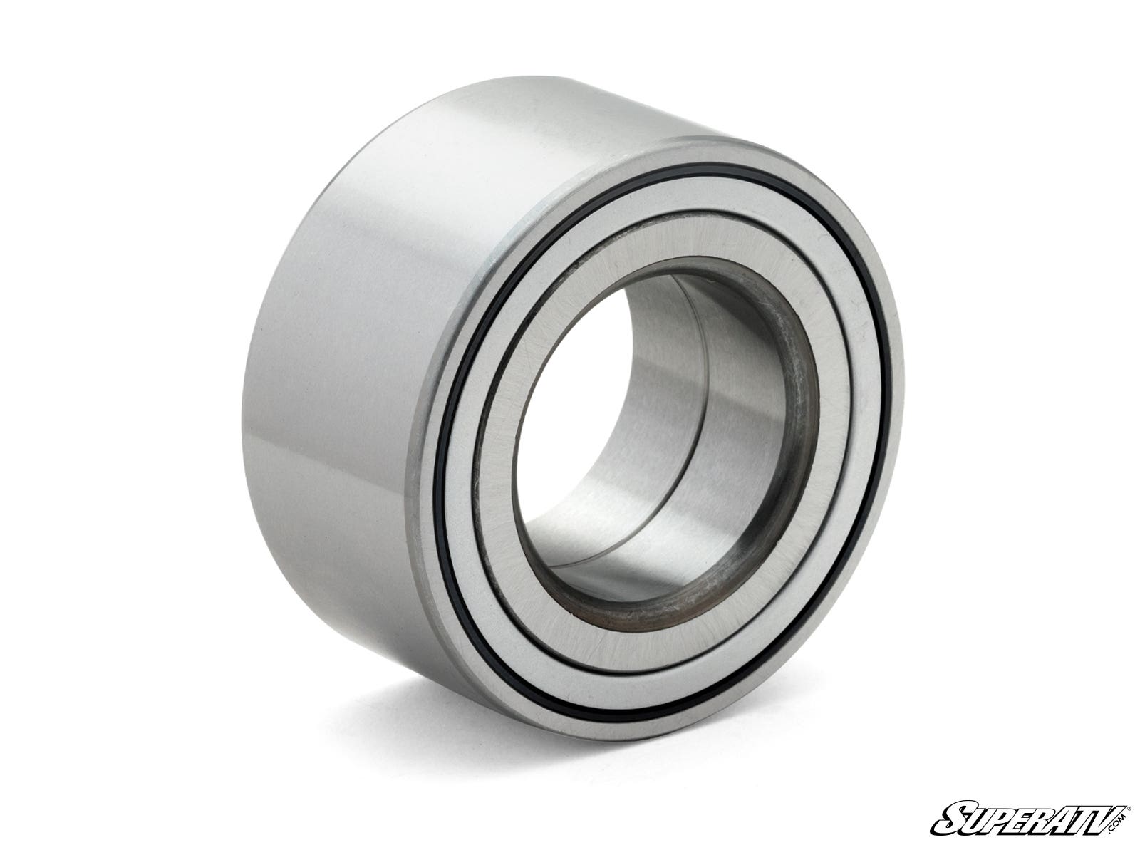 A close-up of the Up & Running Honda Pioneer Wheel Bearing Replacement—a shiny, cylindrical bearing with two concentric grooves—sits on a white background. The SuperATV logo appears in the bottom right corner.