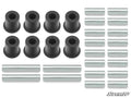 A set of Honda Pioneer 520 A-Arm Bushings, including eight black cylindrical bushings, twelve short silver sleeves, and six longer silver sleeves, is displayed in rows on a white background with the SuperATV logo in the bottom right corner.