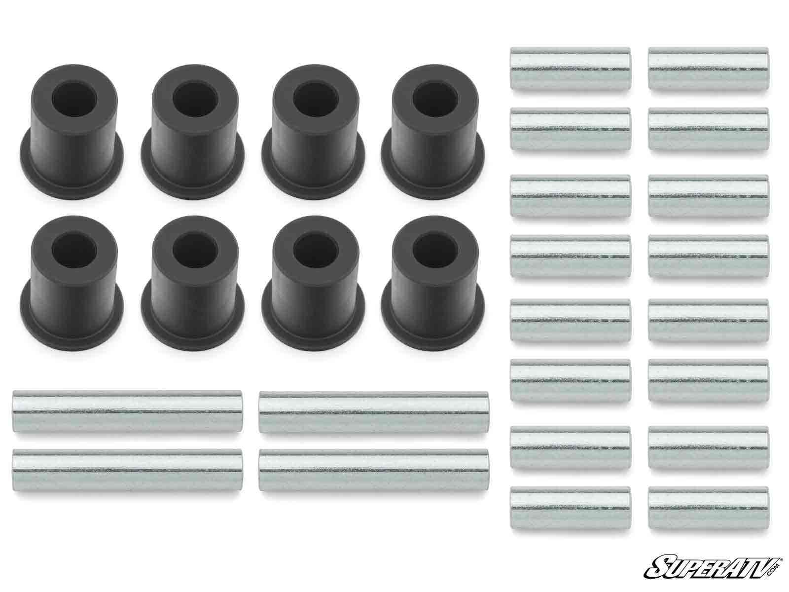A set of Honda Pioneer 520 A-Arm Bushings, including eight black cylindrical bushings, twelve short silver sleeves, and six longer silver sleeves, is displayed in rows on a white background with the SuperATV logo in the bottom right corner.