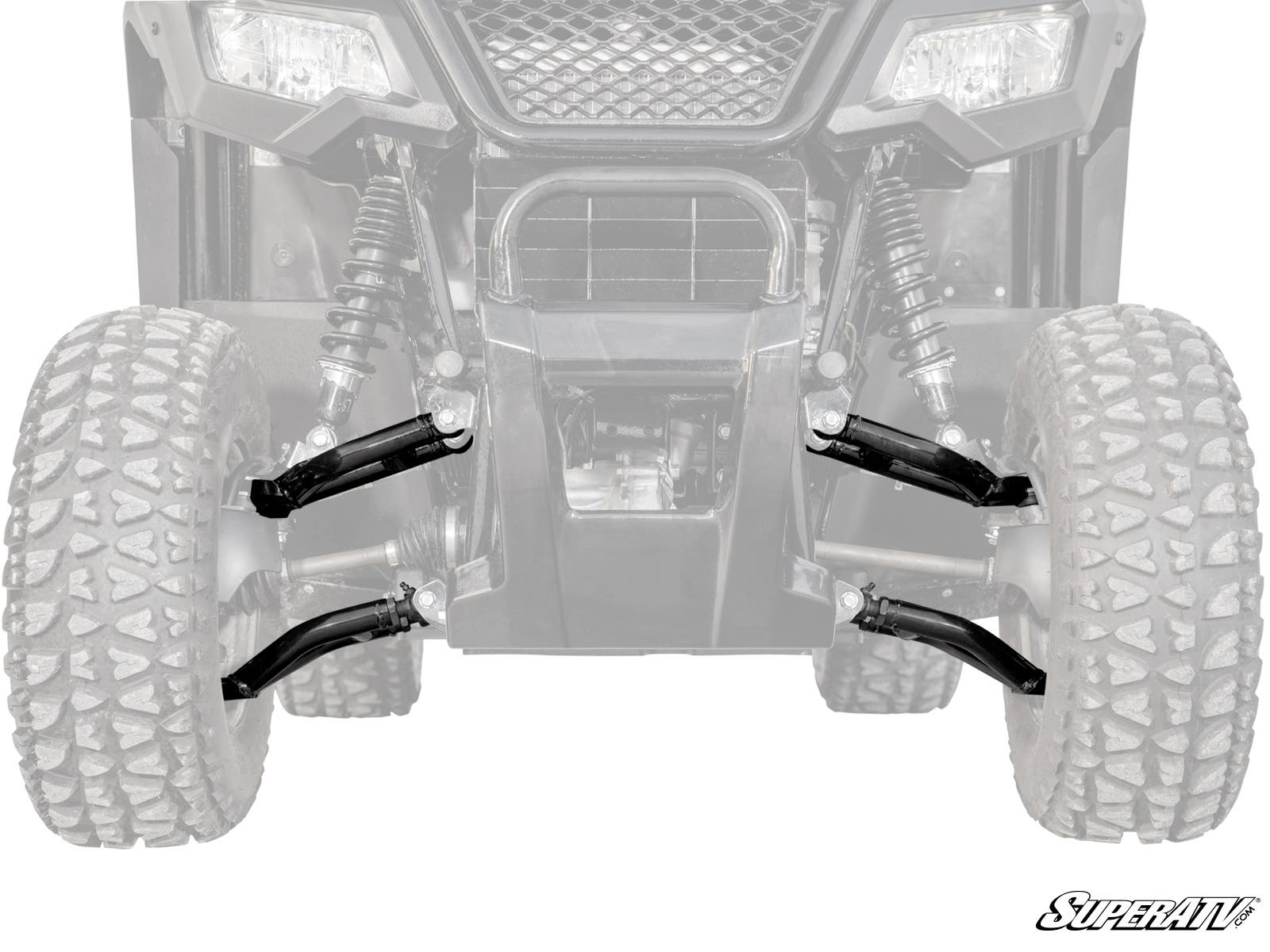 Front view of the Honda Pioneer 520 High-Clearance 1 Forward Offset A-Arms suspension system, featuring rugged black A-arms and shocks between large tires. The vehicle’s grill and headlights are visible, with the SuperATV logo in the bottom right corner.