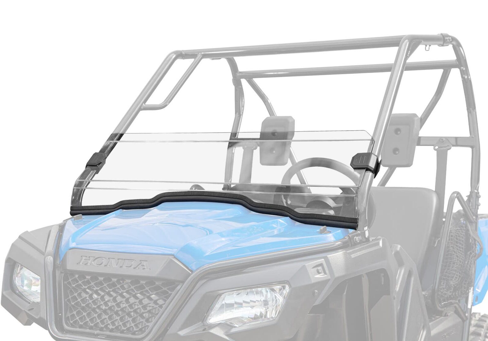 A Honda Pioneer 500 Half Windshield is installed on a blue utility vehicle, mounted to the roll cage and covering the front. The upright and partially folded windshield is highlighted, with the rest of the vehicle faded.