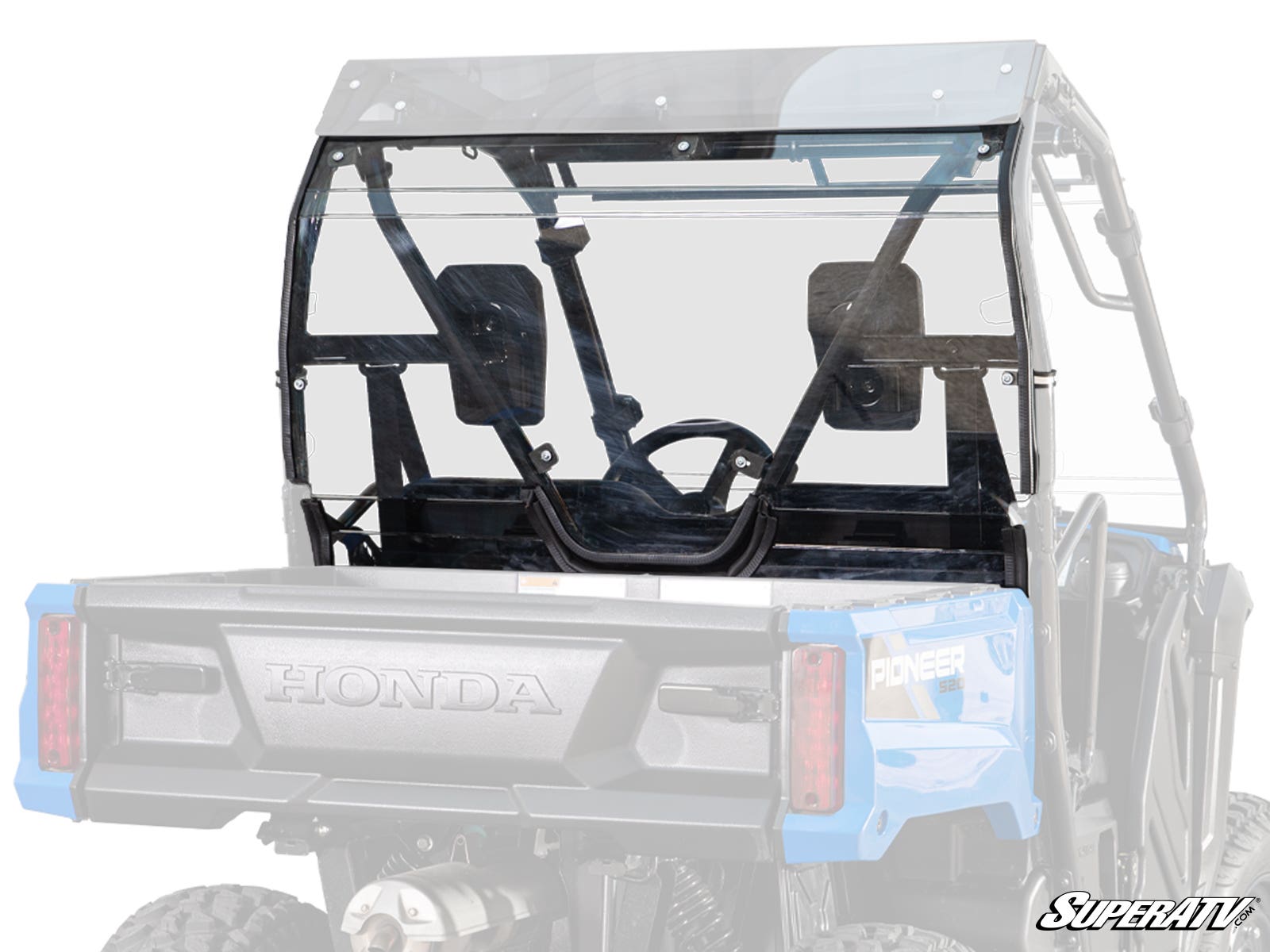 A blue Honda Pioneer 500 utility vehicle is shown from the rear with a transparent Honda Pioneer 500 Rear Windshield installed. The windshield features a black frame and mounting brackets, revealing the seats, steering wheel, and part of the bed.