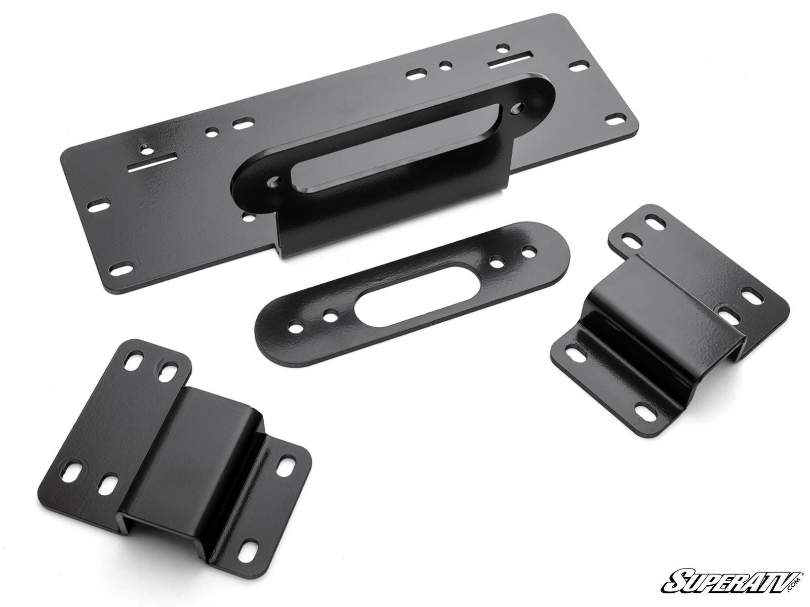 Four black metal brackets of different shapes and sizes, each with multiple bolt holes, are arranged on a white background. They have smooth, shiny surfaces. The SuperATV logo is in the bottom right. Product: Honda Pioneer 500 Winch Mounting Plate.