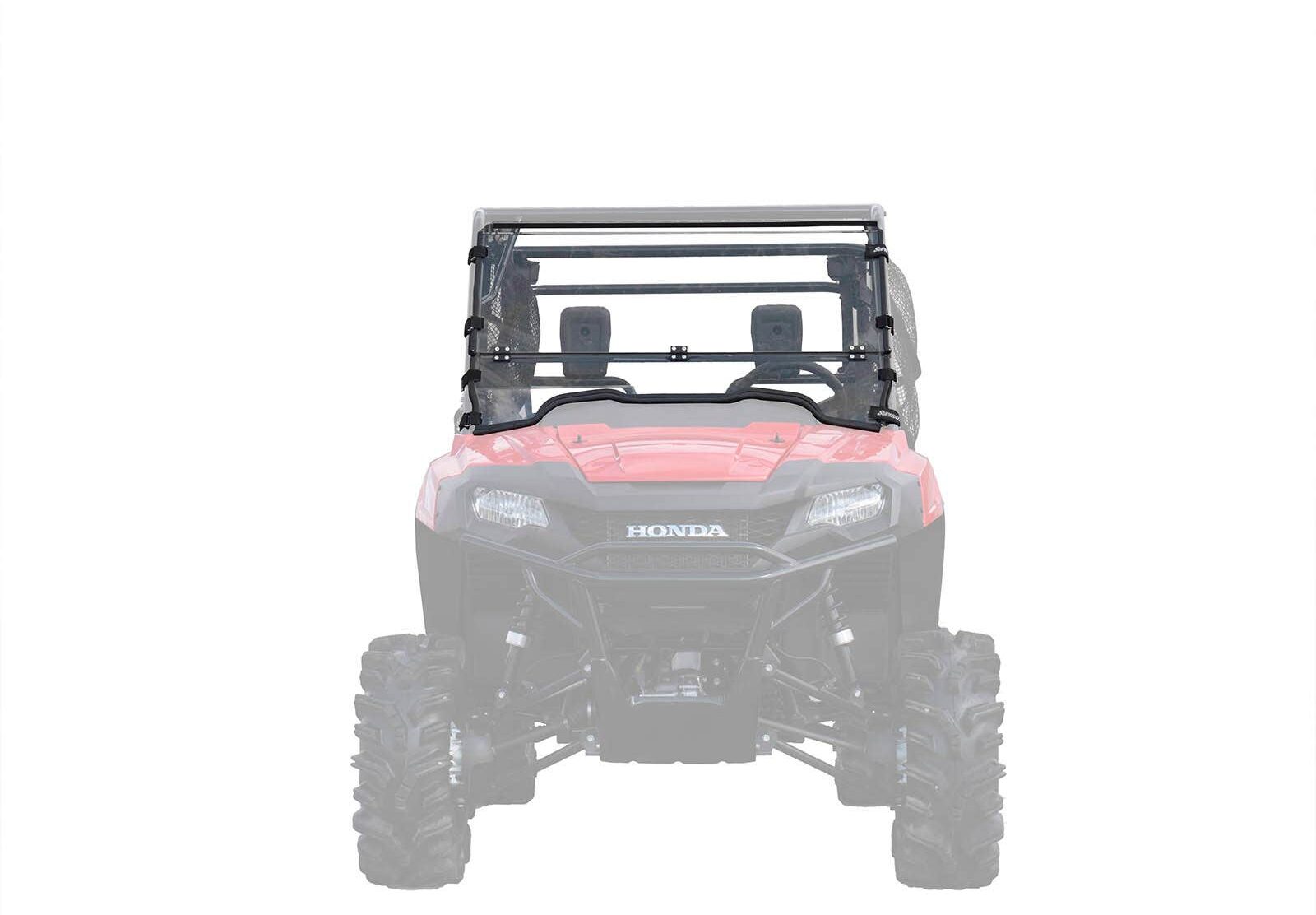 A front view of a Honda Pioneer 700 with a Flip Down Windshield. The windshield and roof stand out in full color and detail, while the rest appears faded. Large rugged tires are visible, and the Honda logo is shown on the front grille.