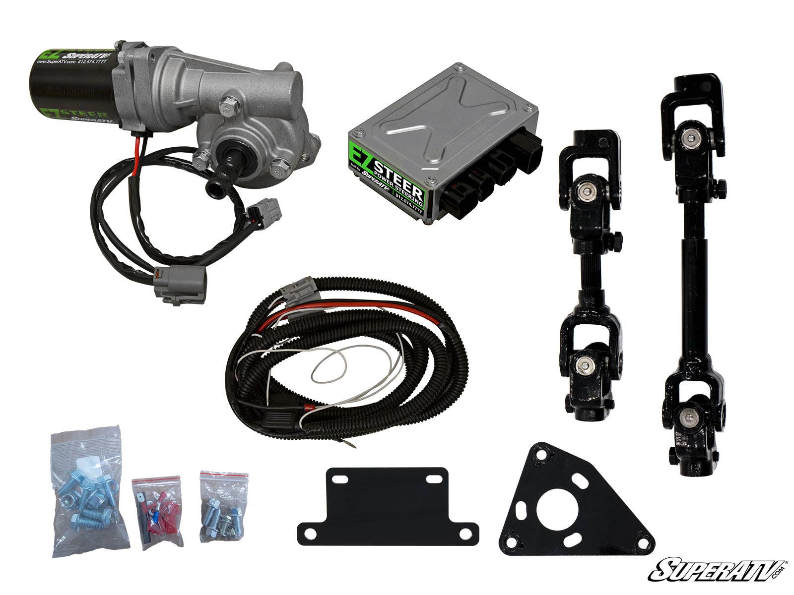 The Honda Pioneer 700 Power Steering Kit is displayed with a motor, control box, wiring harness, mounting brackets, two steering shafts, hardware packets, and a small SuperATV logo, all neatly arranged on a white background.