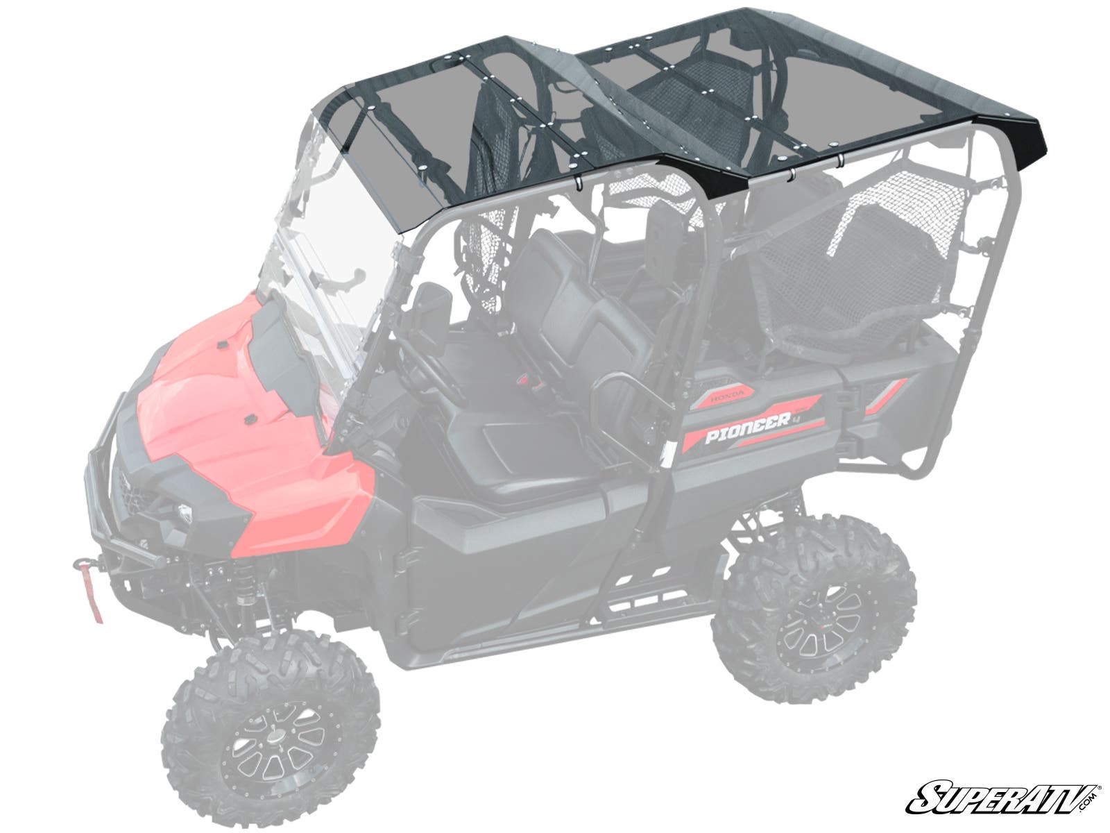 A Honda Pioneer 700-4 with a black tinted roof is shown, covering both front and rear seats. Mesh side nets are visible. Only the SuperATV roof and vehicle front are in full color; the rest is faded, with the SuperATV logo in the corner.