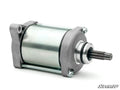The image shows the Up & Running Honda Rancher Starter—a silver cylindrical motor with a metal housing, two mounting brackets, and a splined shaft. The white background features the SuperATV logo in the bottom right corner.