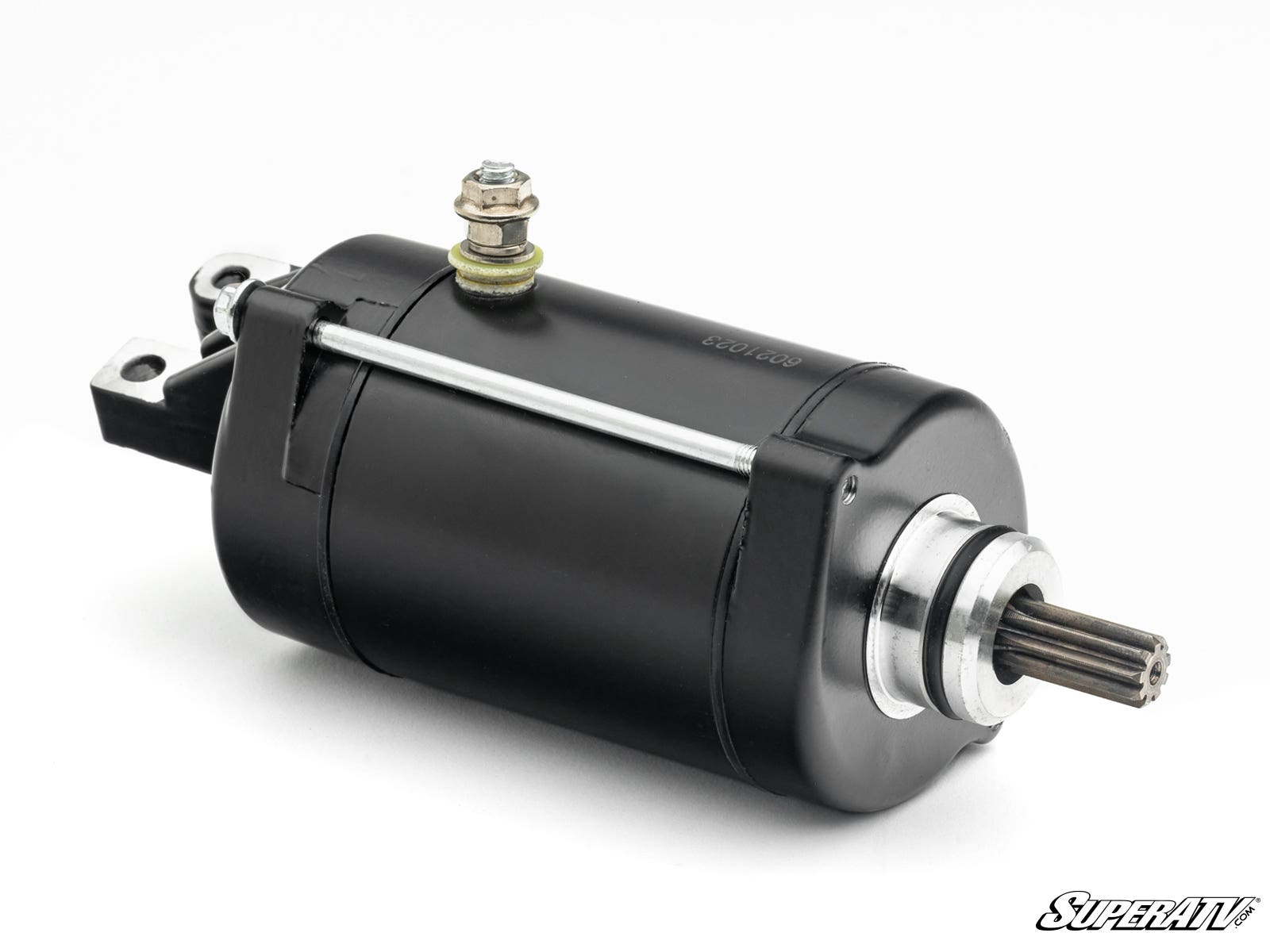 The Up & Running Honda Rincon Starter is a black cylindrical electric motor with metal end caps, a threaded bolt terminal on top, and a toothed shaft at one end. Its shown on a white background with SuperATV in stylized text at the bottom right.