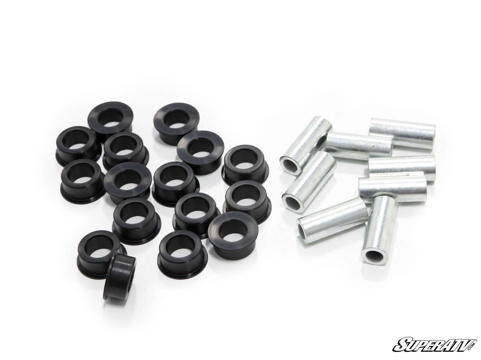 Honda Talon 1000 A-Arm Bushings are shown: black rubber bushings with central holes and silver cylindrical metal spacers, all arranged on a white background. SuperATV logo appears in the lower right corner.